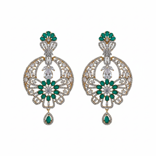 CZ Open Lattice Chandbali Earrings - Emerald Green White Background