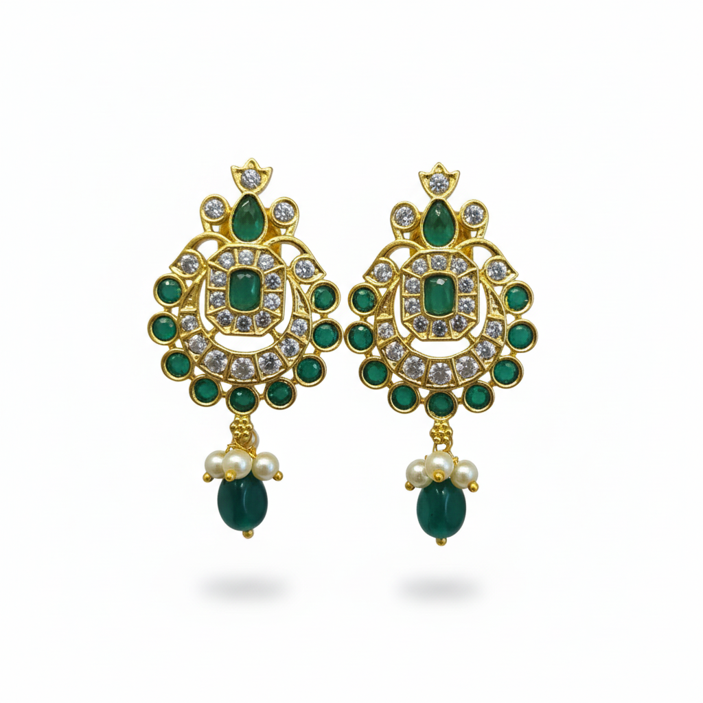 CZ Chandbali Studs - Emerald Variant - White Background Hero