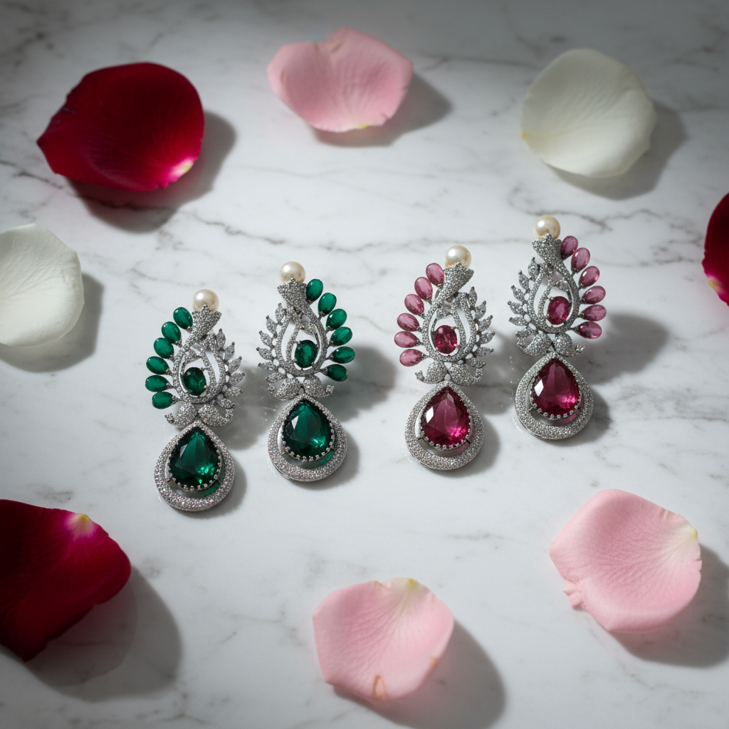 Victorian CZ Pearl Top Drop Earrings - Both Colours - Lifestyle Shot