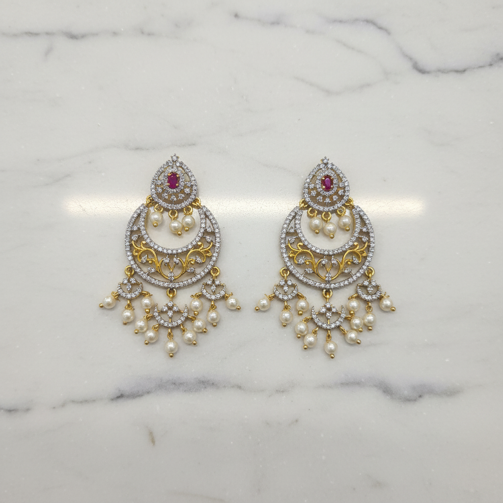 Chandbali Diamond Finished Earrings - Flat Lay Marble