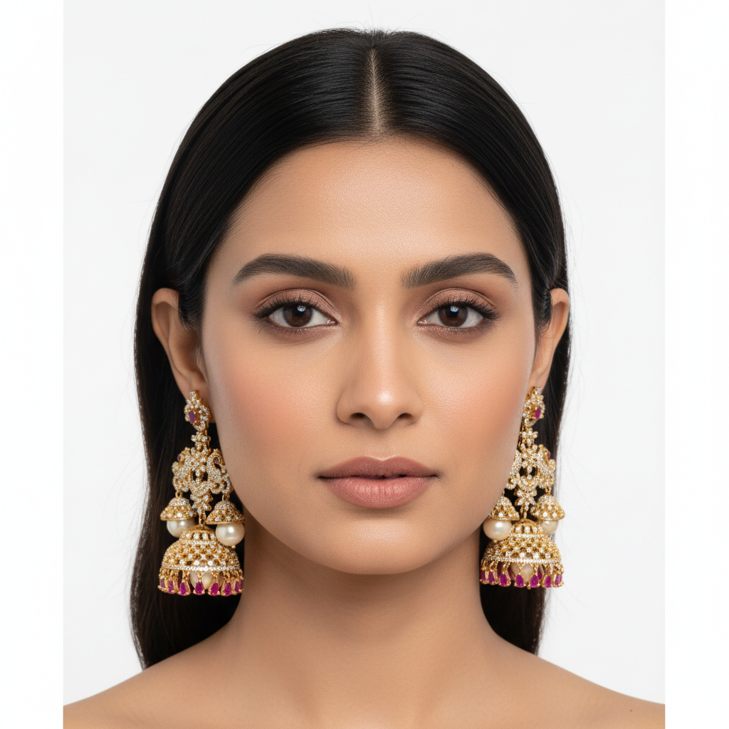 Model wearing Ruby CZ Peacock Jhumka Earrings