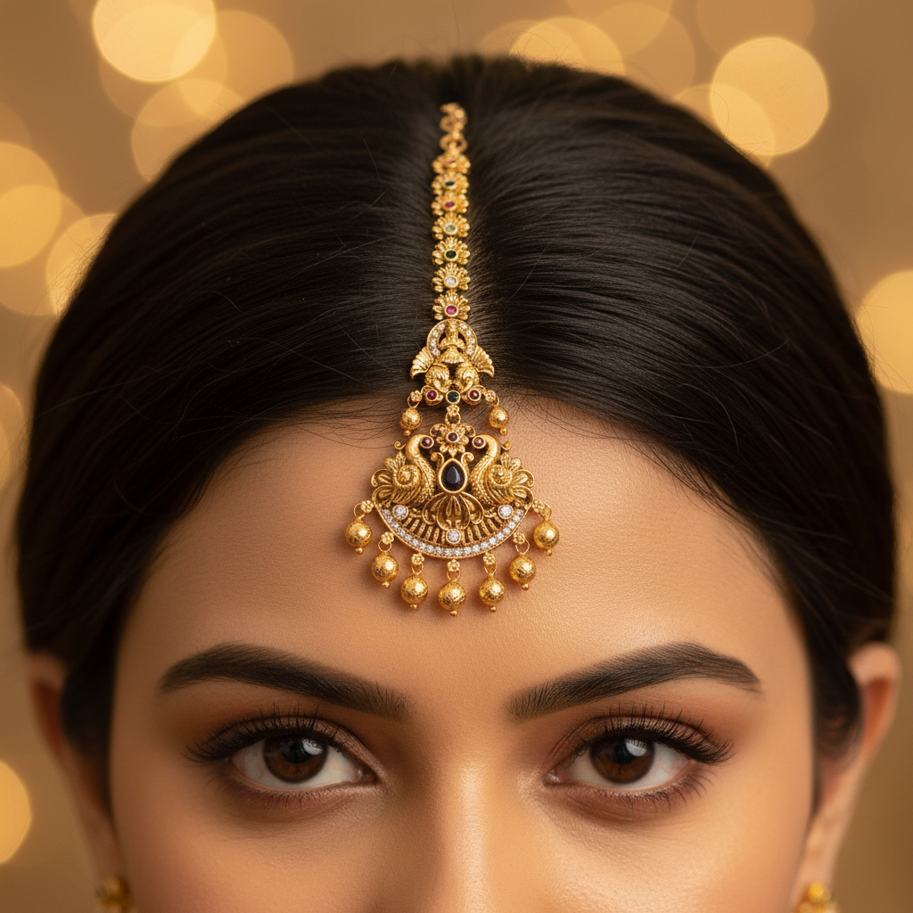 Lifestyle shot of peacock deity maang tikka worn on forehead