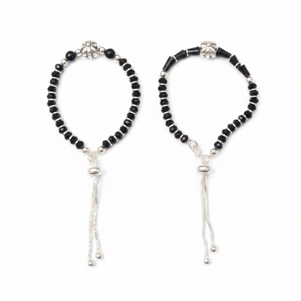 92.5 Silver Kids Nazariya Bracelet with Black Beads and Silver Tassel - White Background