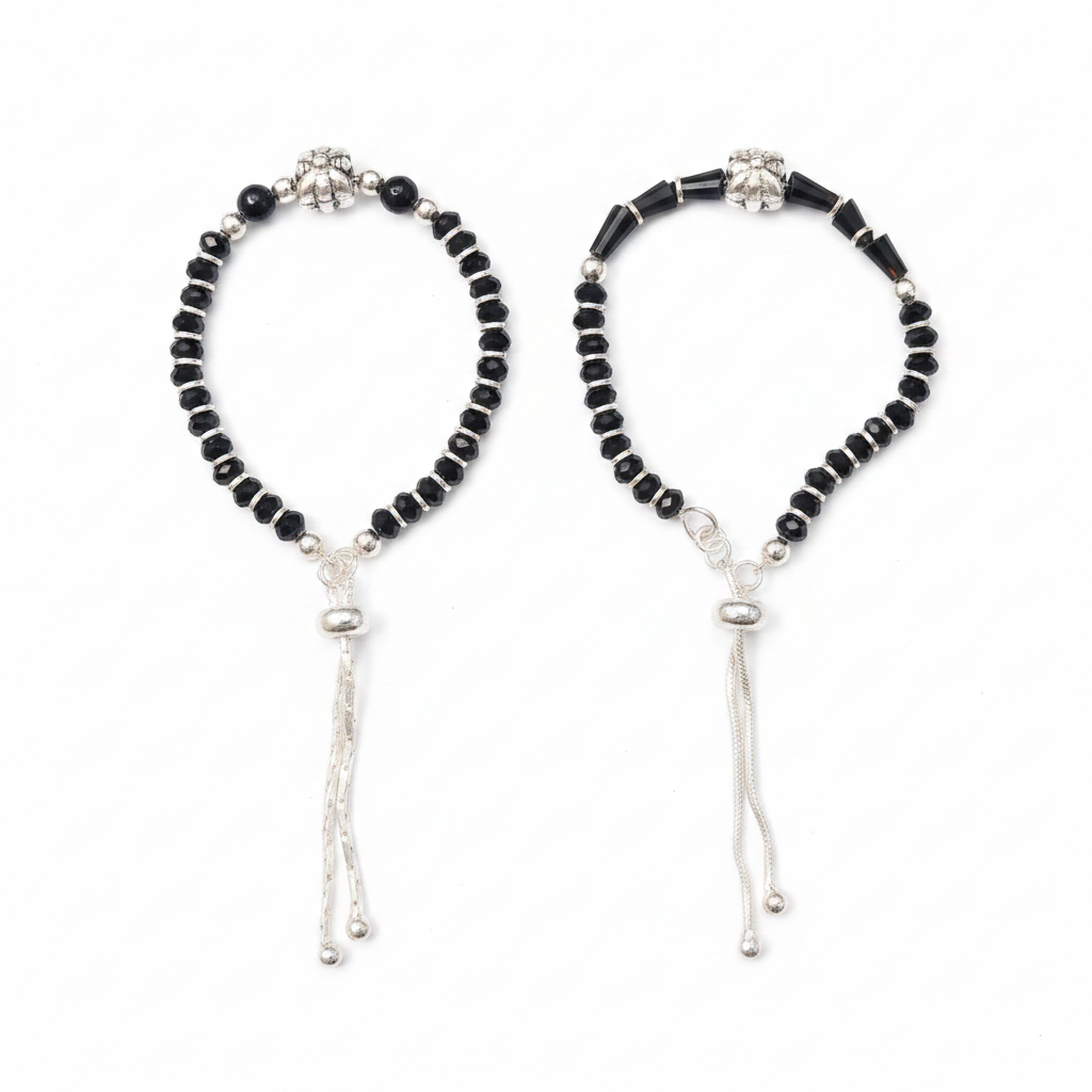 92.5 Silver Kids Nazariya Bracelet with Black Beads and Silver Tassel - White Background