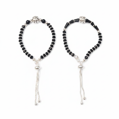 92.5 Silver Kids Nazariya Bracelet with Black Beads and Silver Tassel - White Background