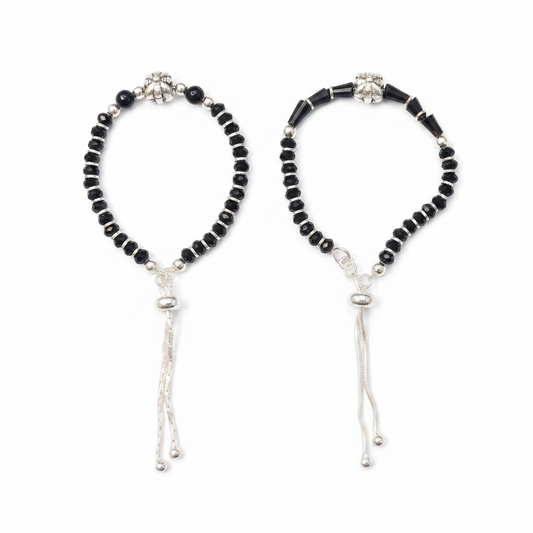 92.5 Silver Kids Nazariya Bracelet with Black Beads and Silver Tassel - White Background