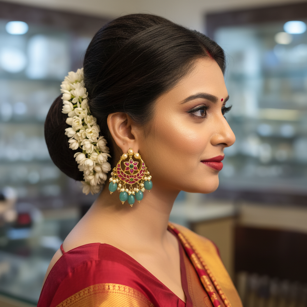 Kempu Chandbali Earrings – model wearing earrings