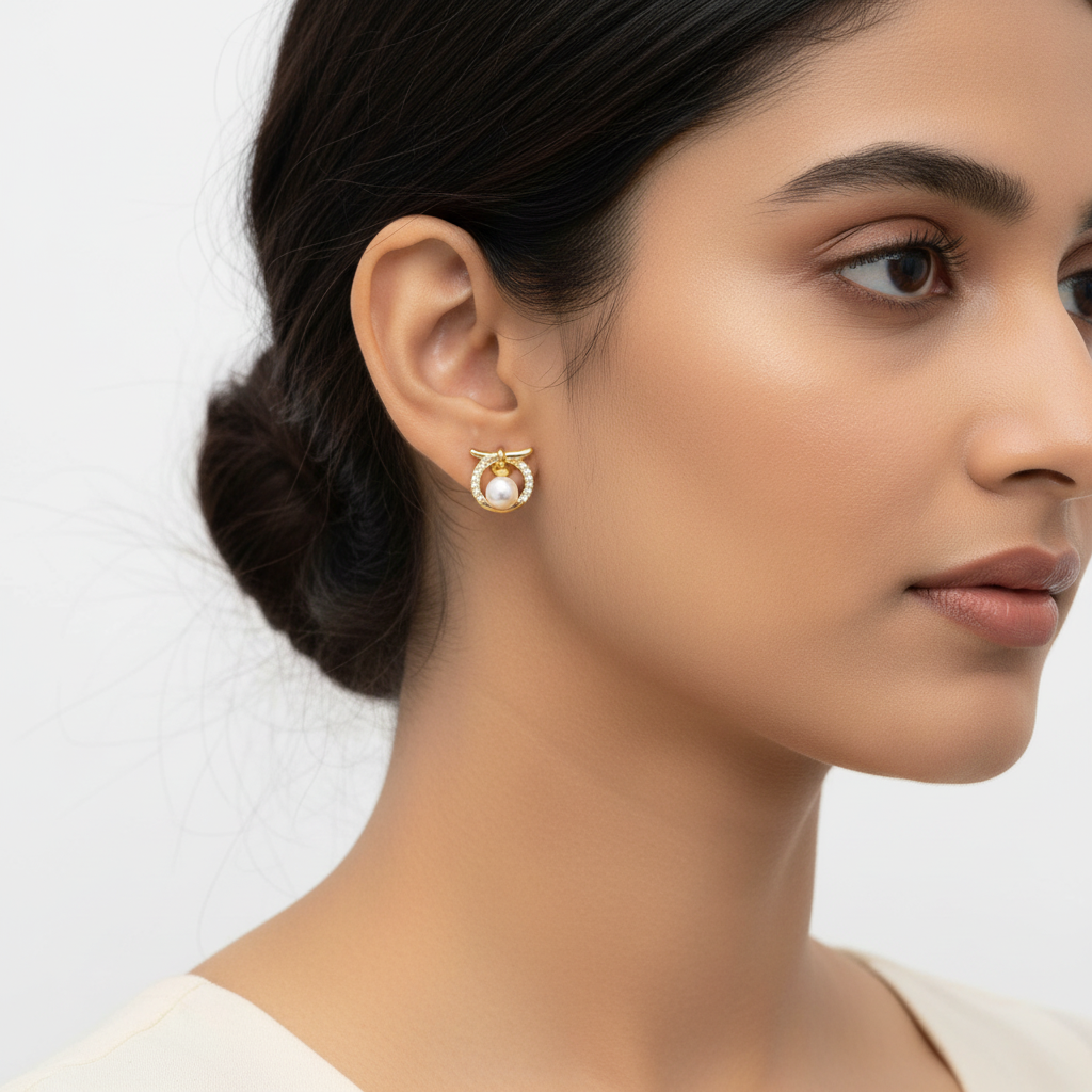 Circle Pearl Stud Earrings White CZ model shot