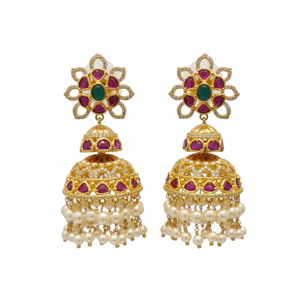 Kempu Emerald Jhumka Earrings on white background – gold-plated temple jewellery