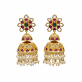 Kempu Emerald Jhumka Earrings on white background – gold-plated temple jewellery