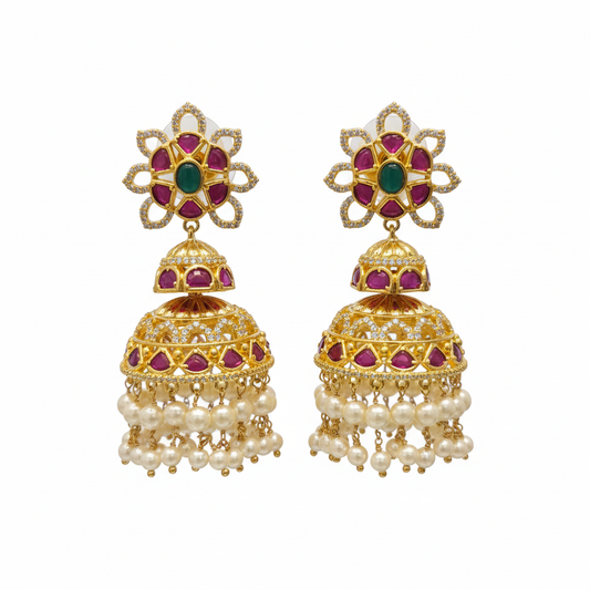 Kempu Emerald Jhumka Earrings on white background – gold-plated temple jewellery