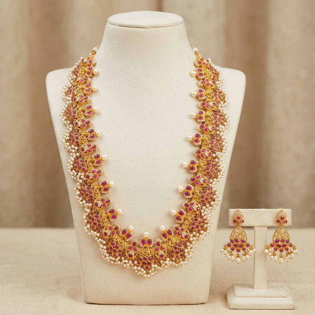 Kempu Guttapusalu necklace set displayed on mannequin