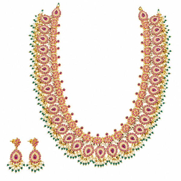 Guttapusalu mango haram necklace and matching earrings on white background