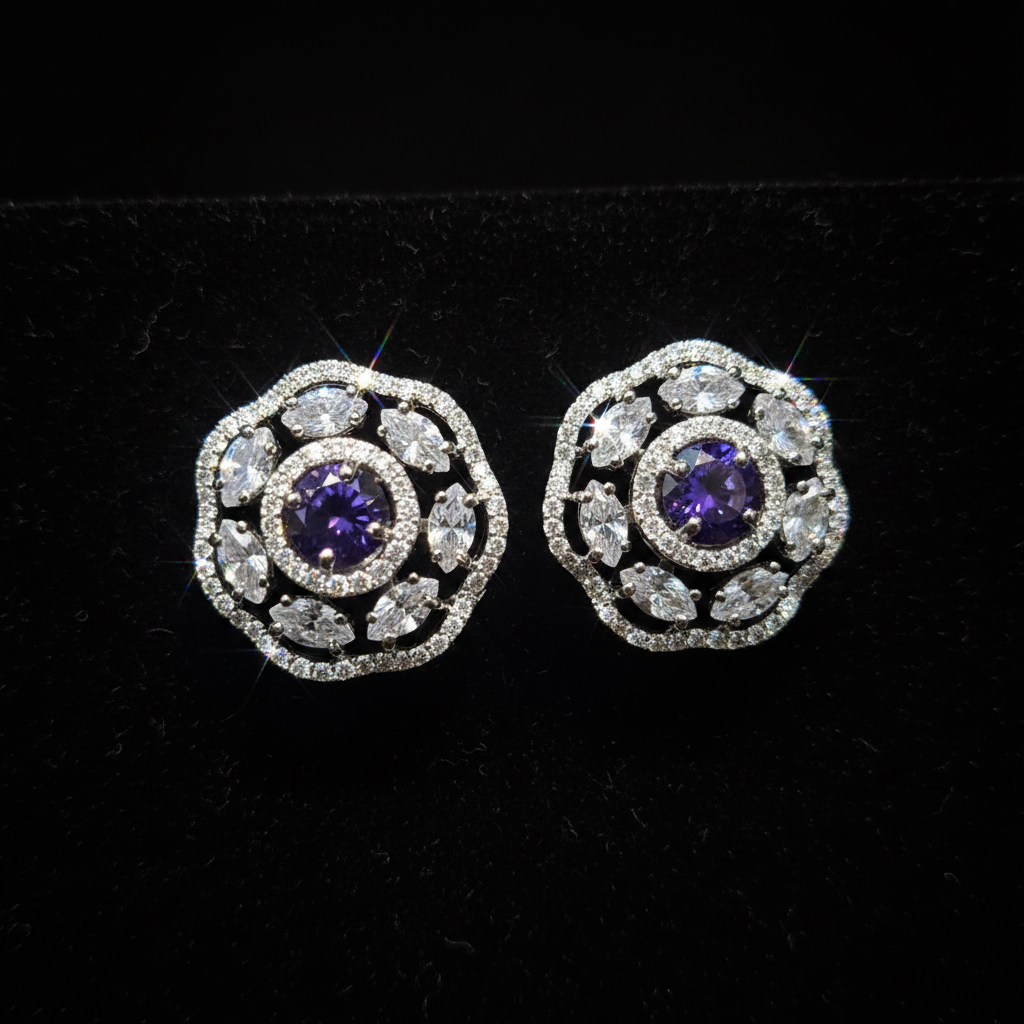 Purple CZ Halo Stud Earrings - Macro detail sparkle shot