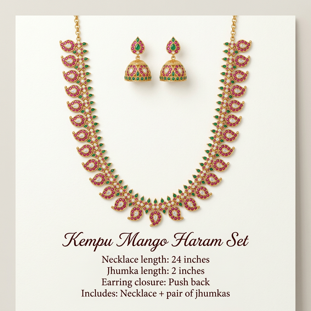 24-inch necklace and 2-inch push-back jhumka specifications