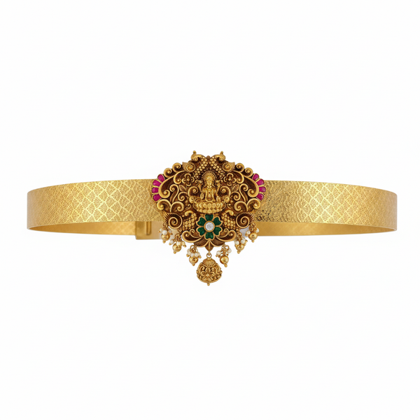 Ornate Temple Lakshmi Vaddanam with scrollwork on white background