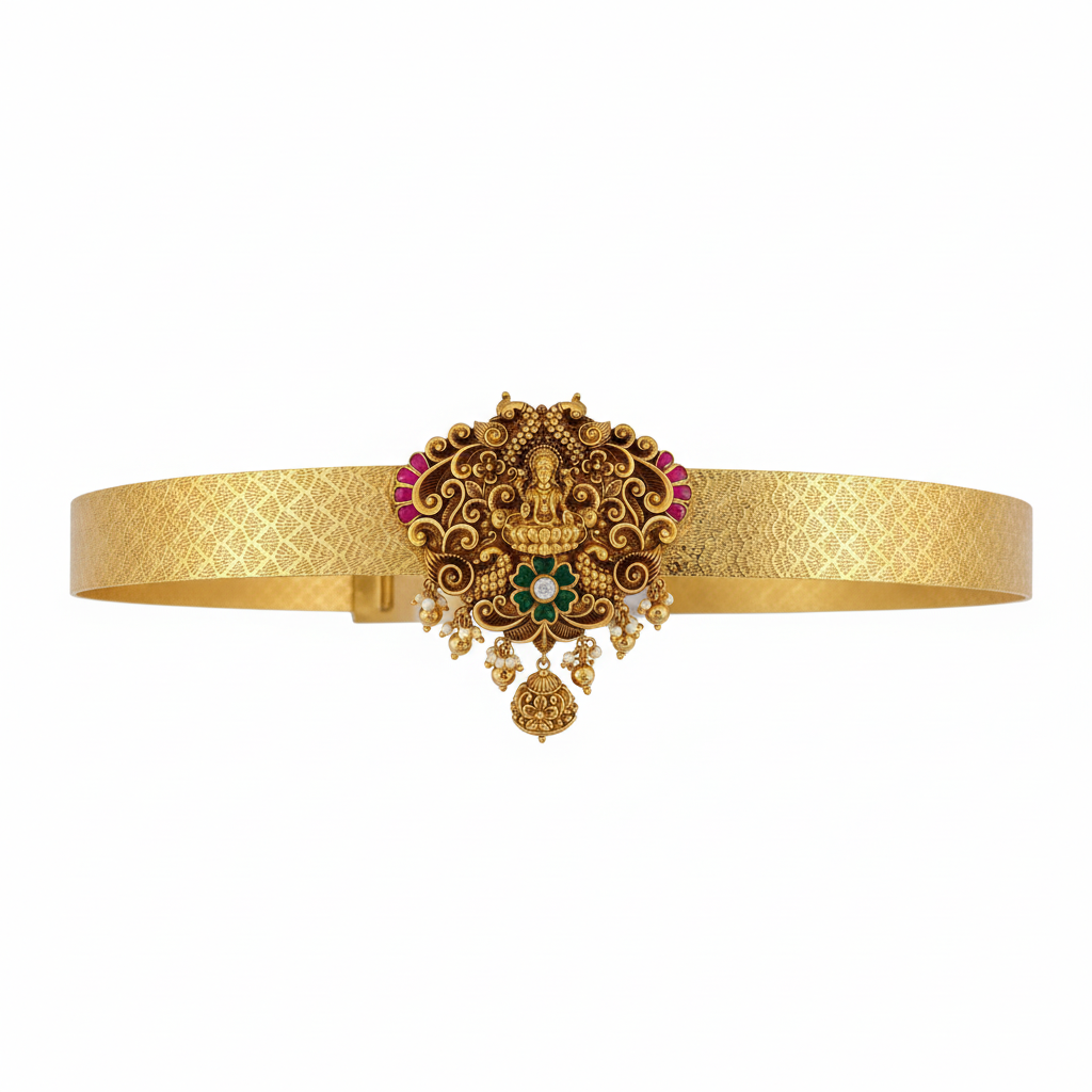 Ornate Temple Lakshmi Vaddanam with scrollwork on white background