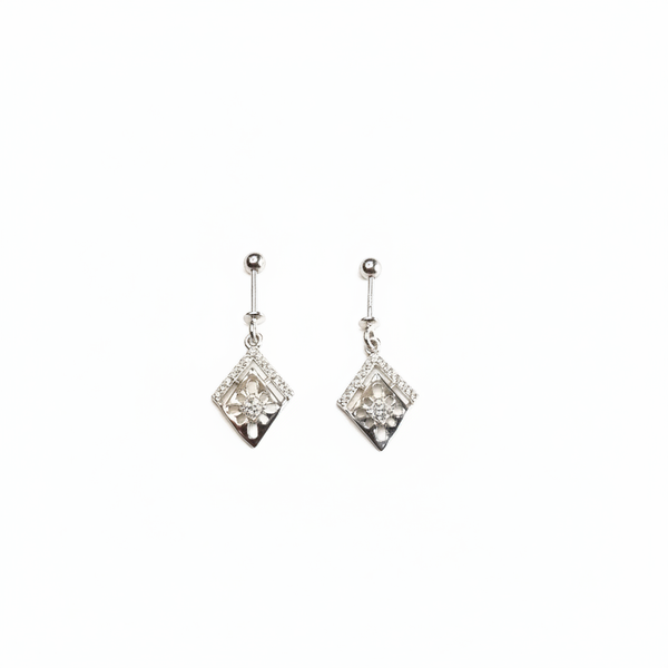 925 Silver Helix Drop Earrings - Diamond Floral Design