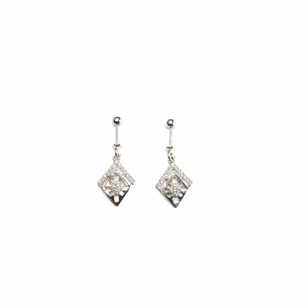 925 Silver Helix Drop Earrings - Diamond Floral Design