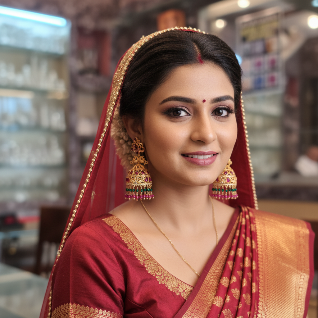 Model wearing Kempu Polki Jhumka – lifestyle editorial