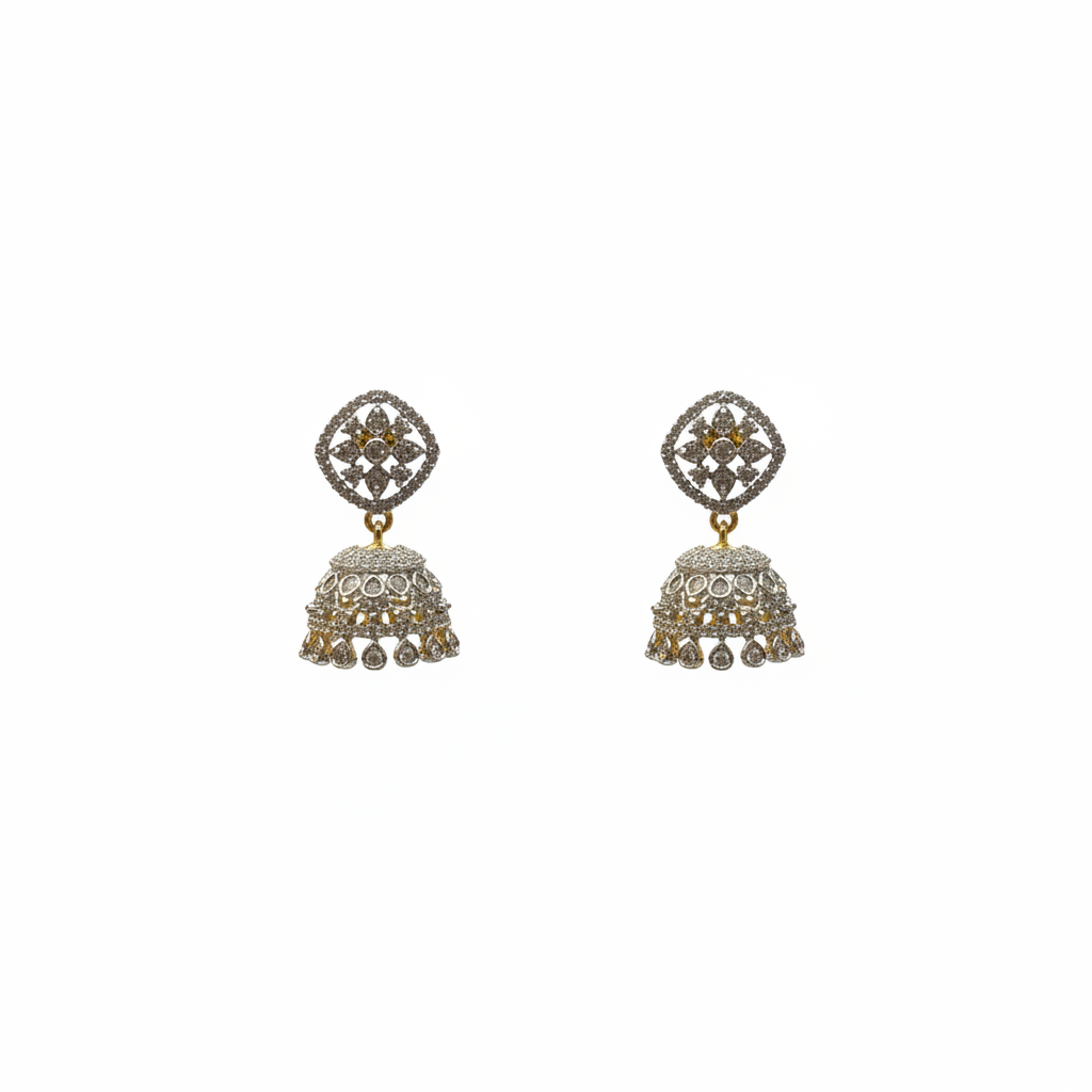 Diamond look rhodium gold plated square top jhumka earrings with zircon stones