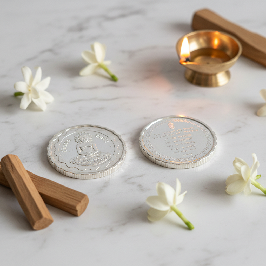 999 Pure Silver Mahavir Jain Coin lifestyle spiritual setting