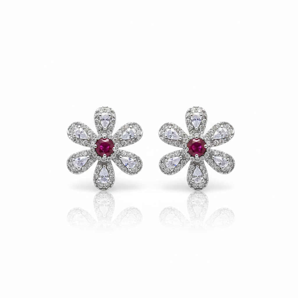 Close-up macro detail of Victorian Ruby Flower Stud Earrings
