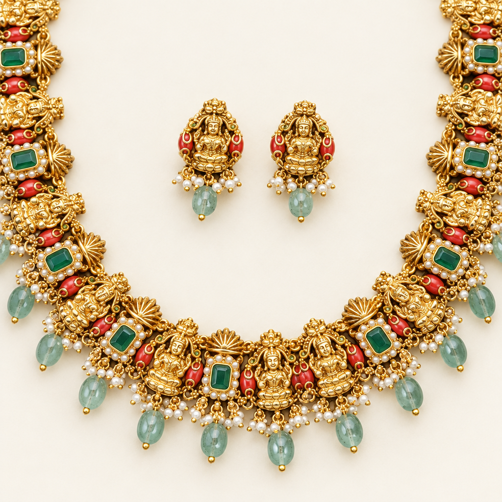 Close-up of Lakshmi motifs and matching earrings