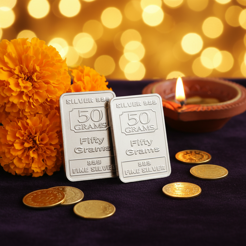50g 999 Fine Silver Bar lifestyle Diwali setting