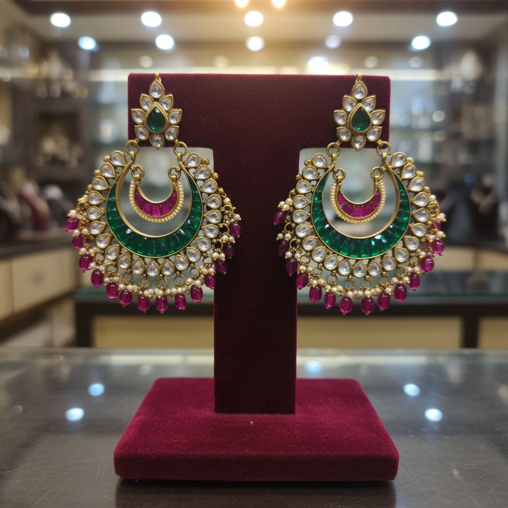 Jadau Kundan Chandbali Earrings - Velvet Display Stand