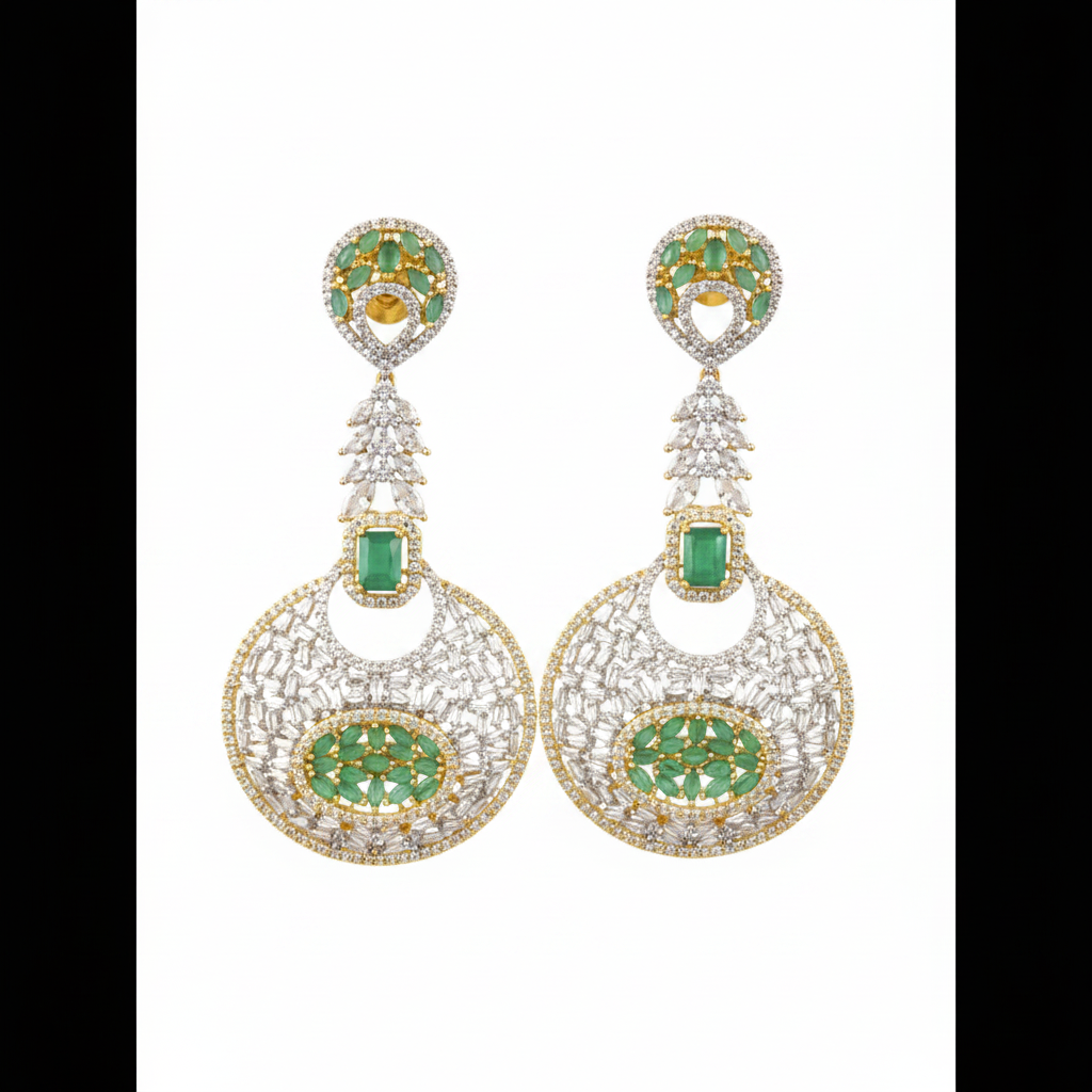 CZ Baguette Disc Chandelier Earrings - Emerald Green White Background