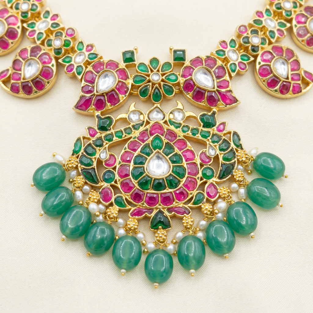 Close-up of kundan pendant with pink and green detailing and green bead drops