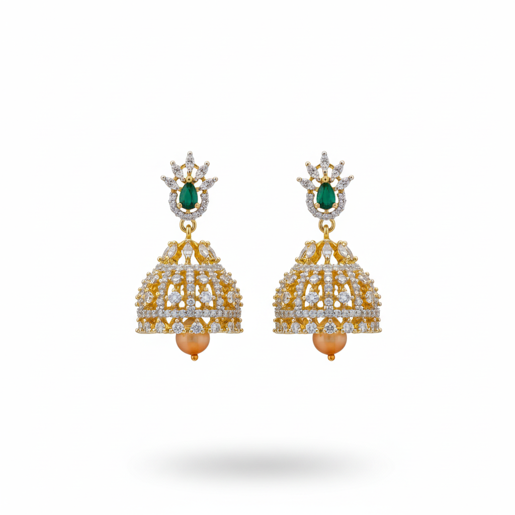 Rhodium-gold plated zircon diamond jhumka earrings with multicolor stones