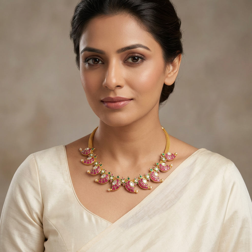Model wearing pink and green jadau kundan mango necklace with an ivory outfit, no earrings