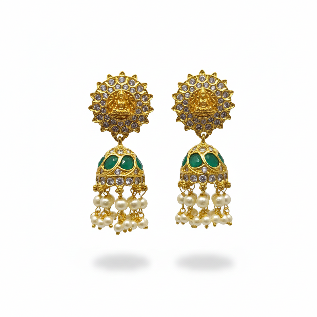 Lakshmi Sun Disc CZ Jhumka - Emerald Green - White Background