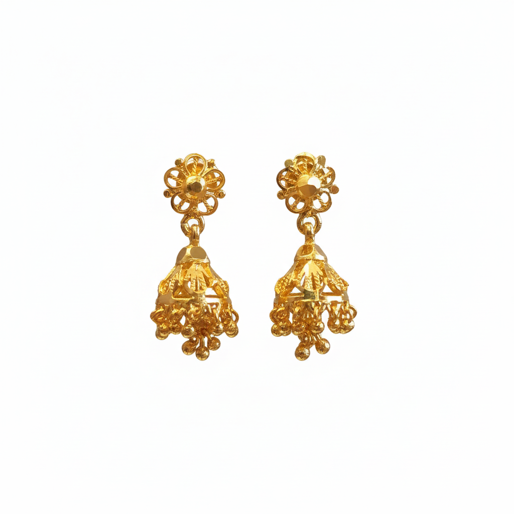 Gold Filigree Triangular Jhumka on white background