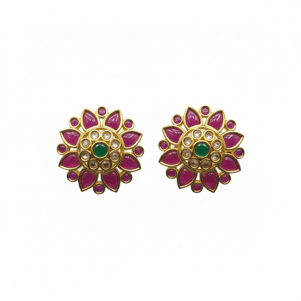 White Background - Kempu Kundan Floral Stud Earrings