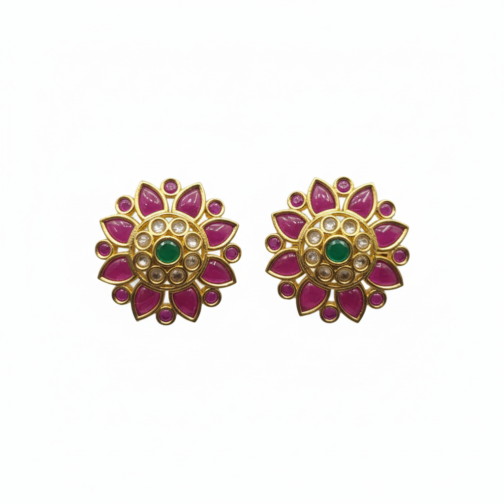 White Background - Kempu Kundan Floral Stud Earrings