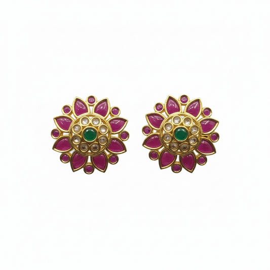 White Background - Kempu Kundan Floral Stud Earrings