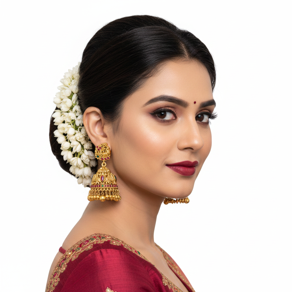Model wearing Nagas Antique Kemp Jhumka Earrings on white background - lifestyle photo