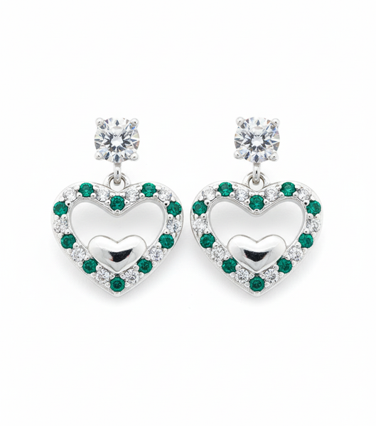 925 Silver Heart Earrings with Green and Clear Crystals