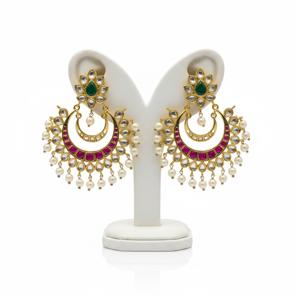 Kundan Kempu Chandbali Earrings with pearl drops on mannequin ear stand