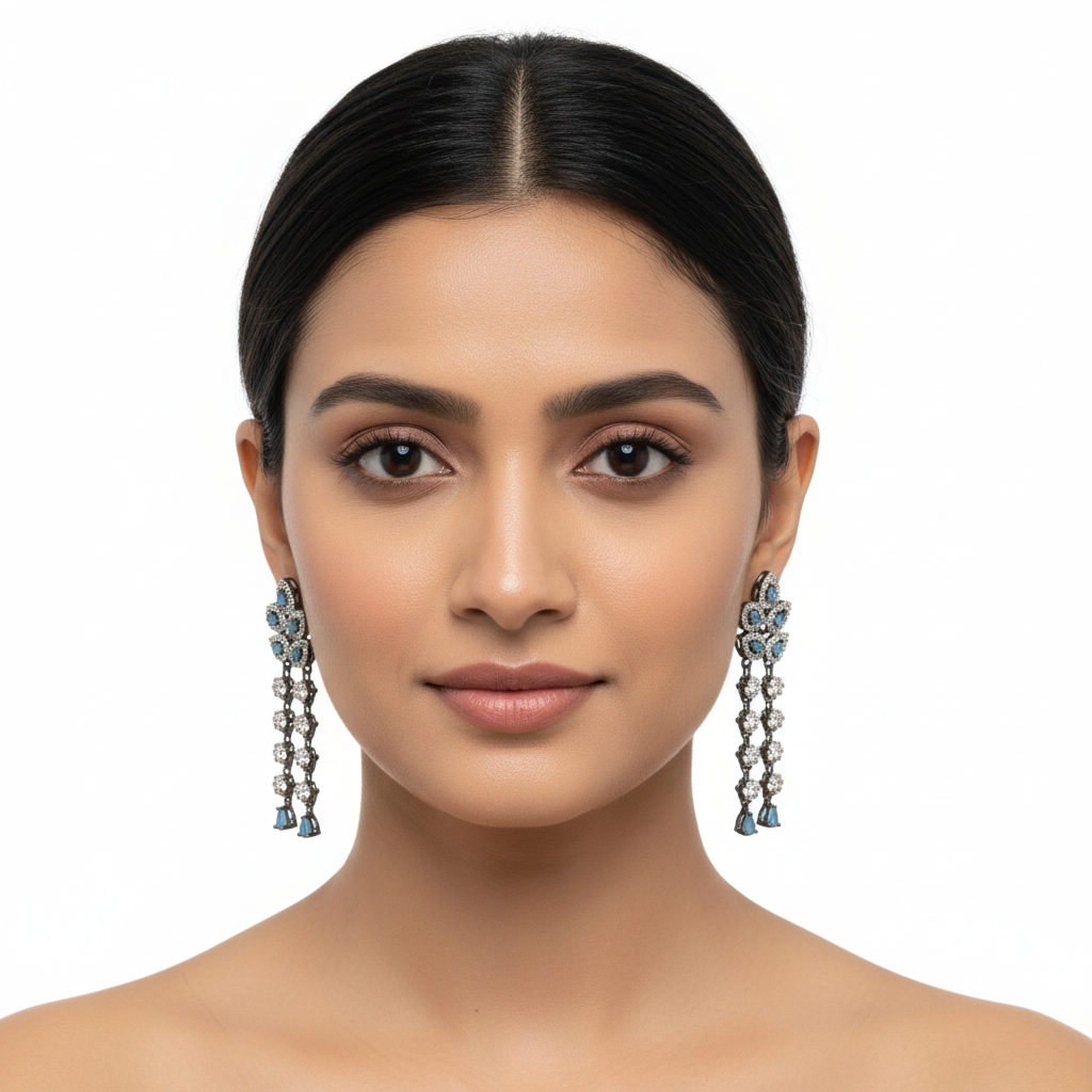 Model wearing Victorian CZ Chandelier Drop Earrings
