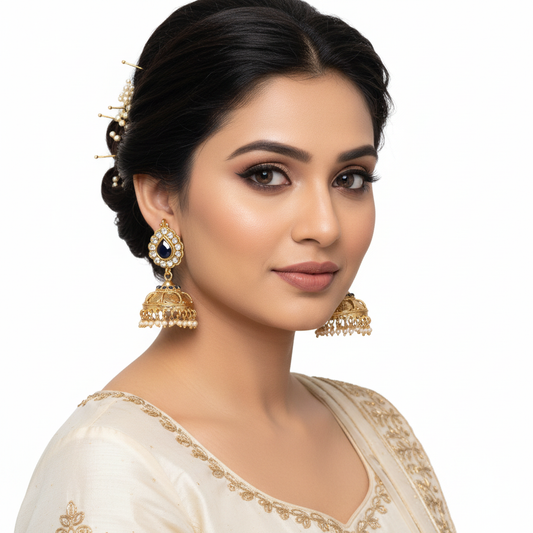 Model wearing Gold Plated Blue Sapphire CZ Jhumka Earrings on white background - lifestyle photo