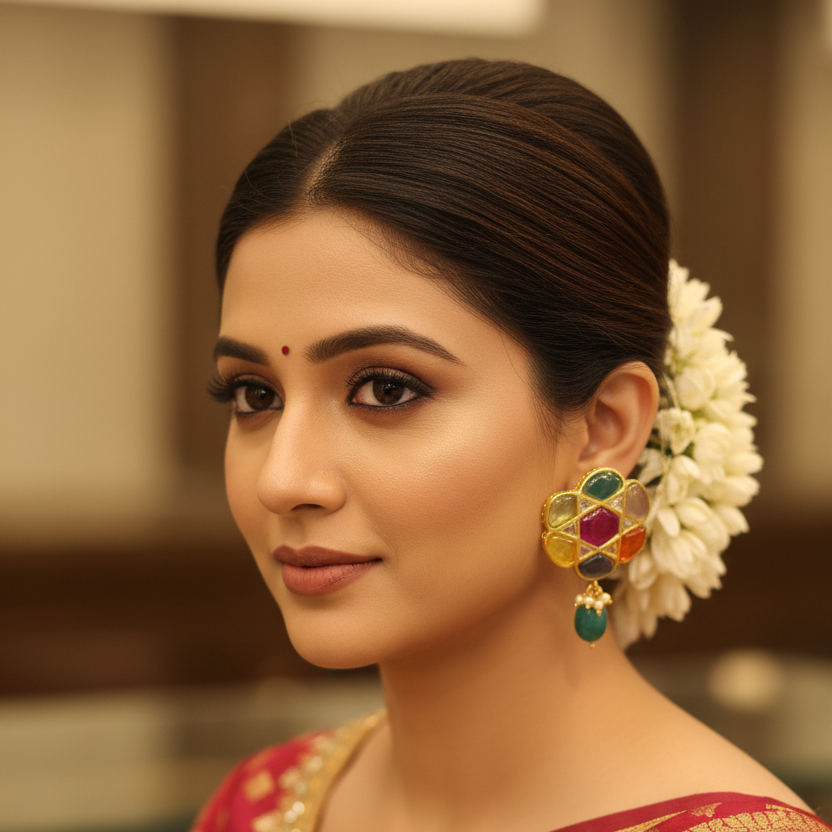 Indian model wearing Handmade Navratna Jadau Kundan Earrings editorial shot