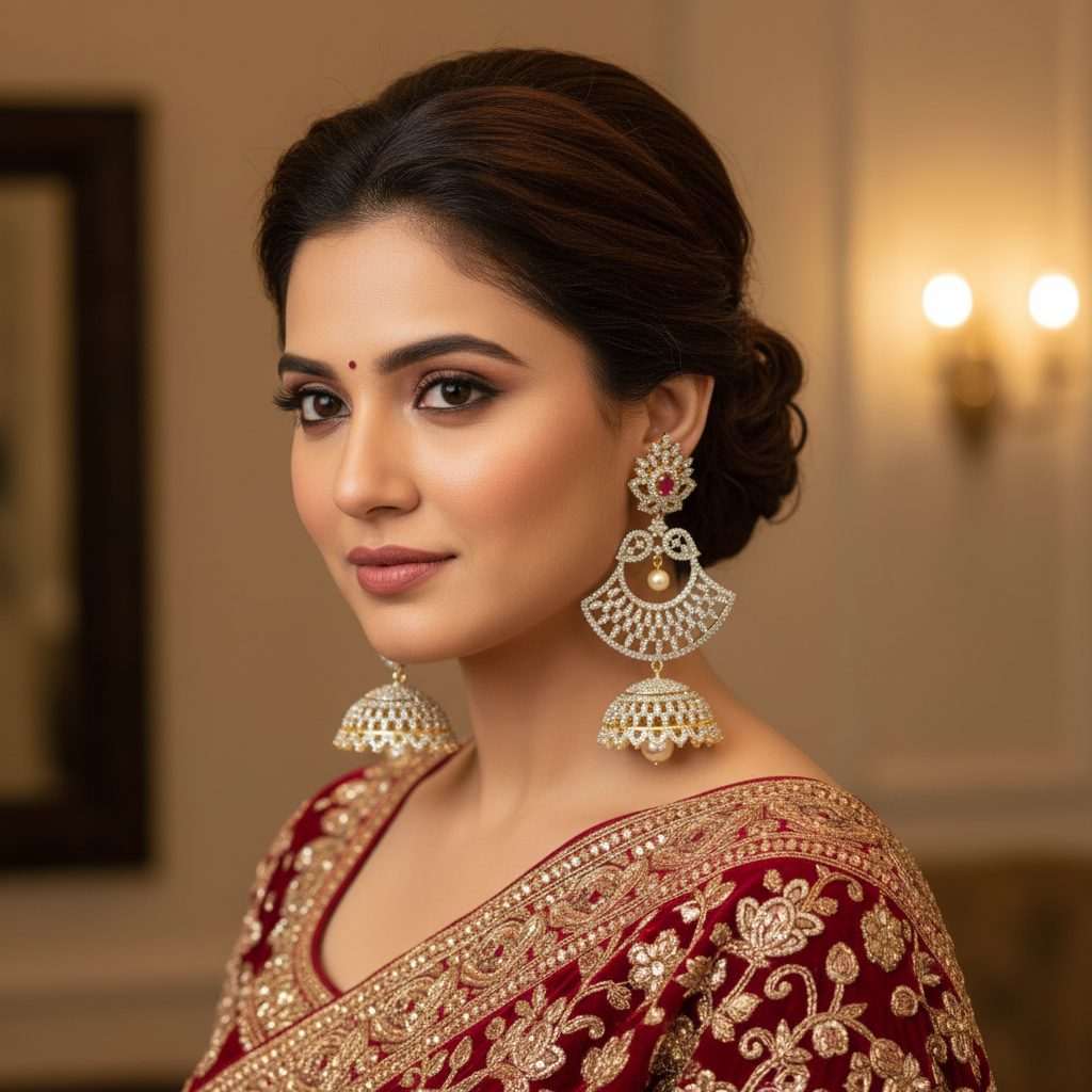 CZ Diamond Fan Chandbali Jhumka – model wear