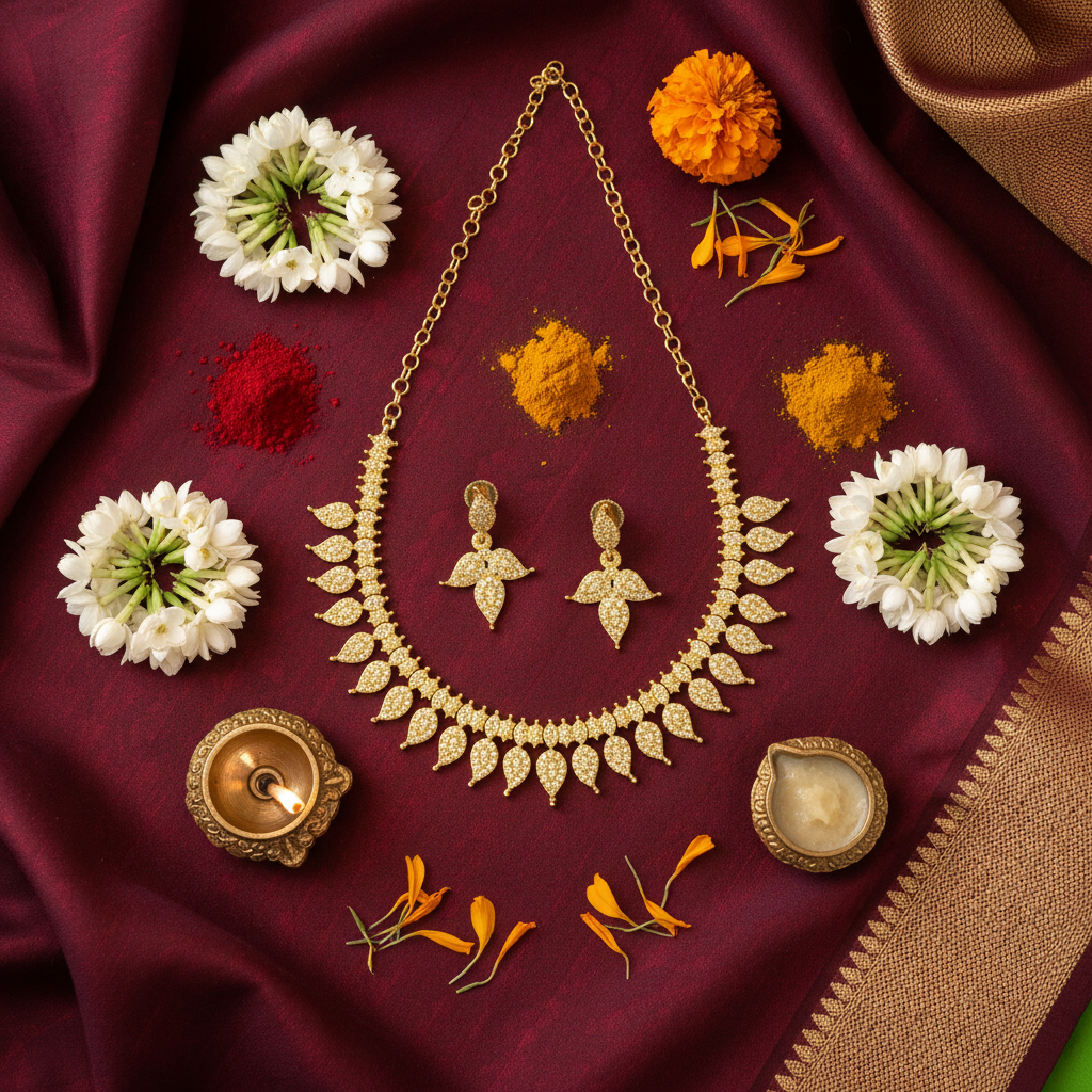 Flat lay of temple jewelry with traditional cultural elements