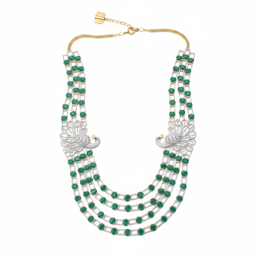 Emerald Peacock Multi-Strand Necklace – white background studio shot