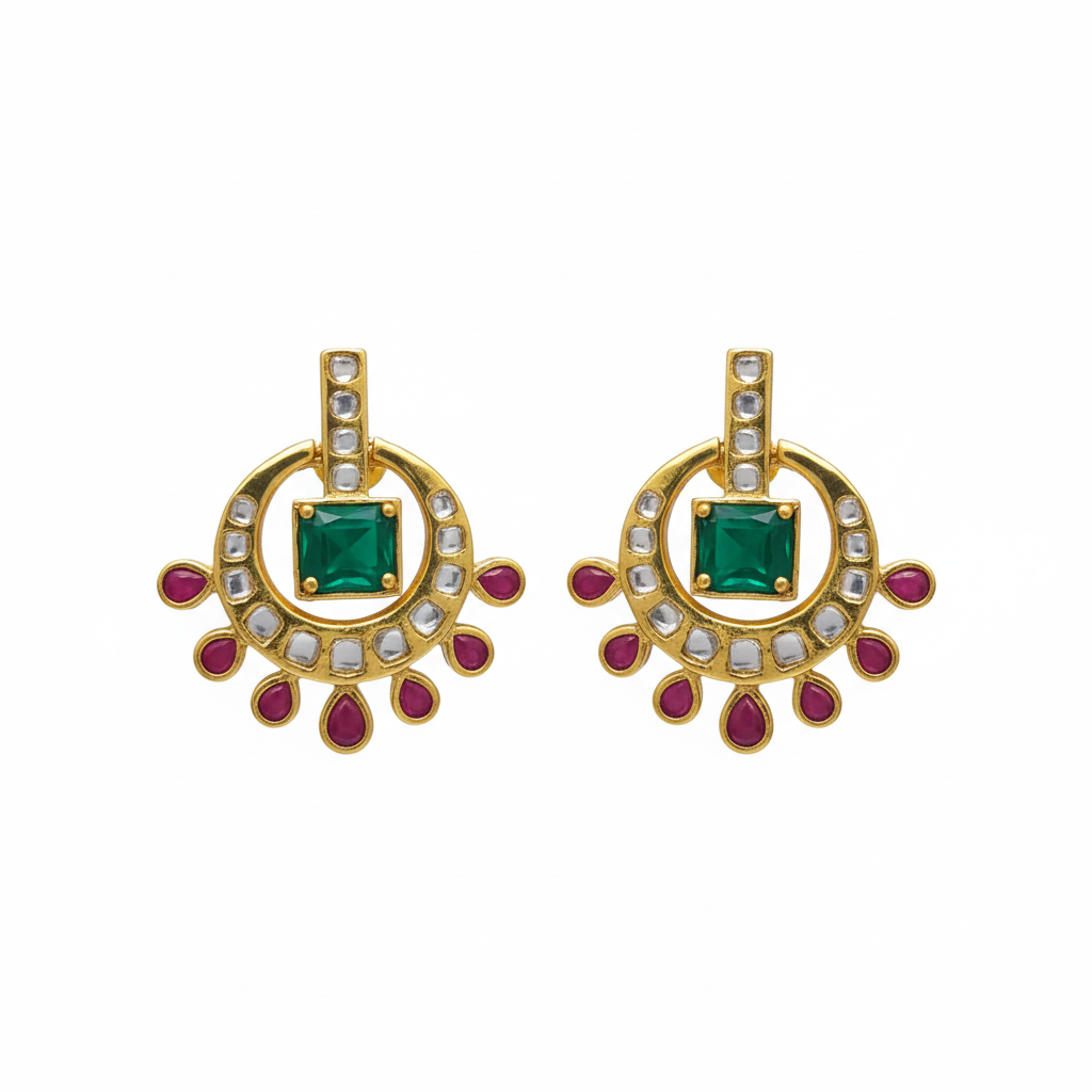 Kempu Emerald Chandbali Earrings - White Background