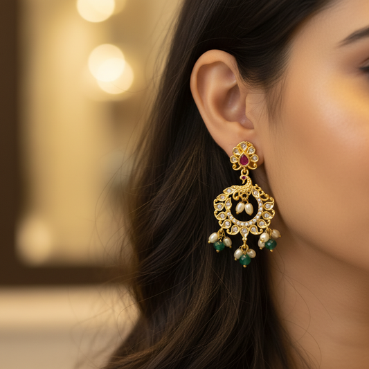 Emerald Chandbali Earrings - Model Wearing Shot